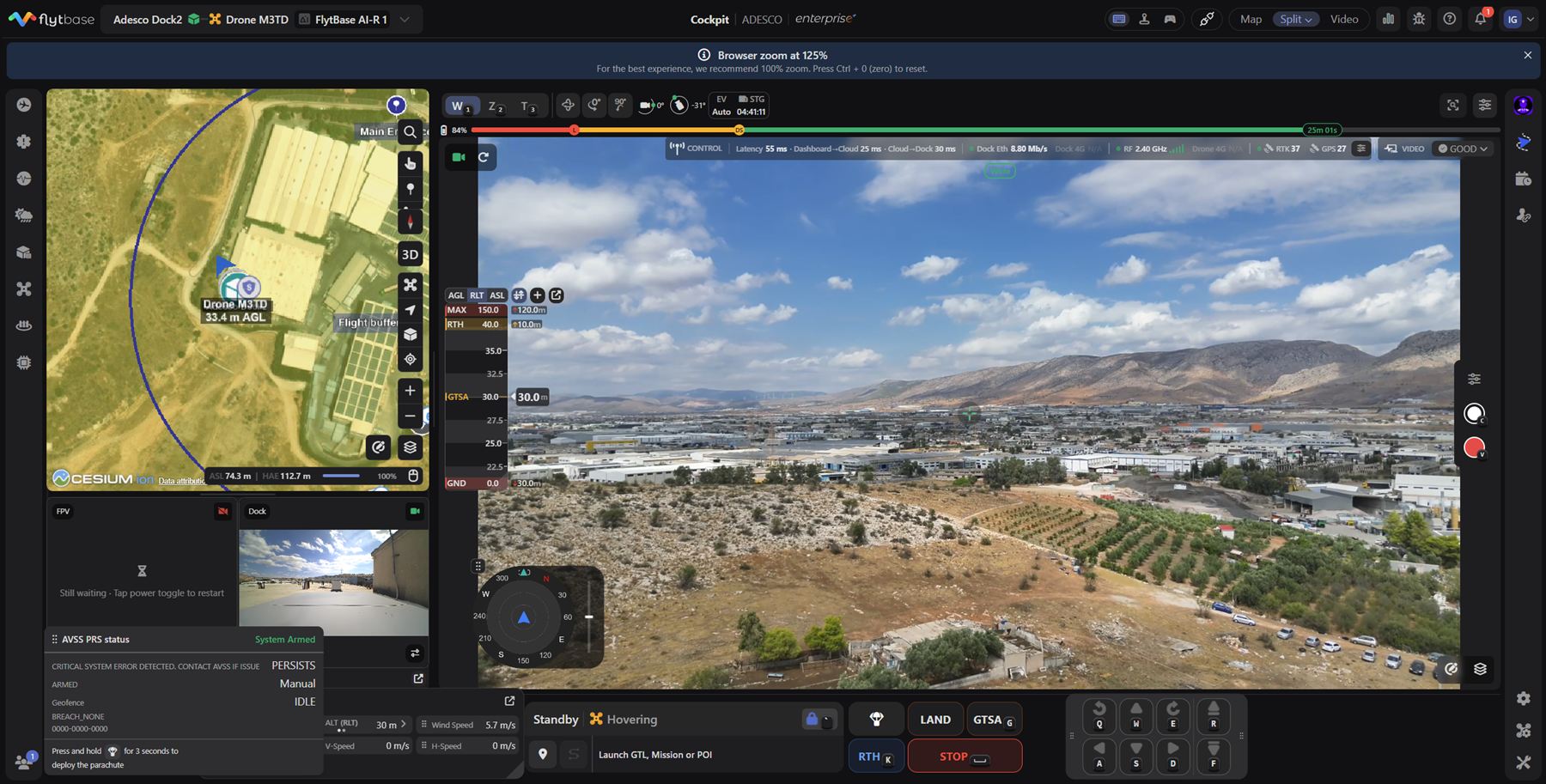 FlytBase cockpit της ADESCO με live εικόνα και χάρτη αποστολής